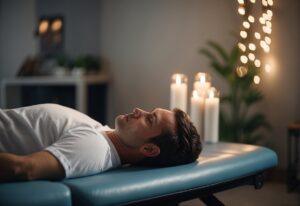 A person lying on a chiropractic table, surrounded by soothing decor. A chiropractor gently adjusts their spine, promoting pain relief and wellness