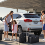 Family loading luggage into rental car