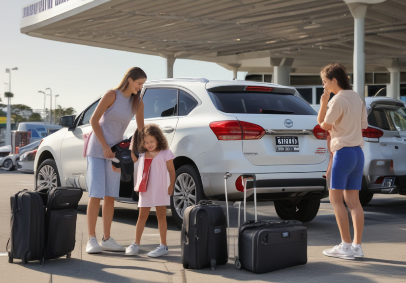 Family loading luggage into rental car