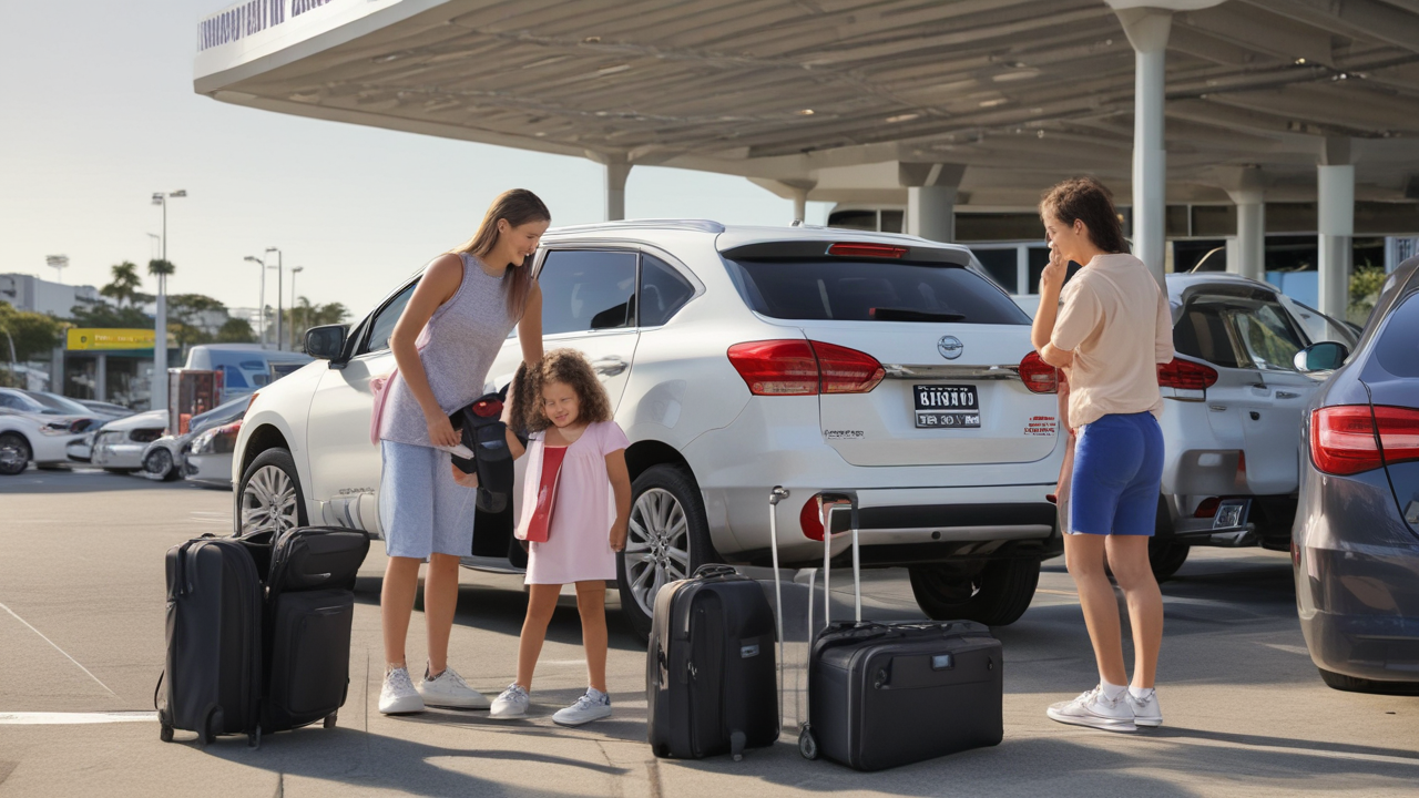 Family loading luggage into rental car